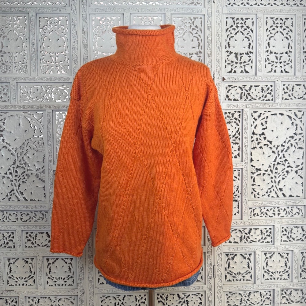 Vtg J Crew Roll Down‎ Mockneck Oarsman Sweater Sz S Orange Argyle Wool Chunky